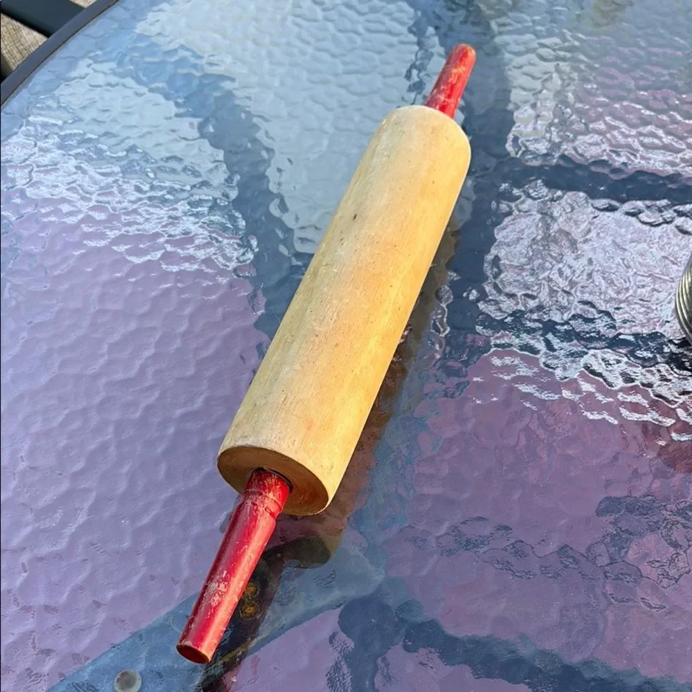 Vintage Wooden Rolling Pin with Red Handles